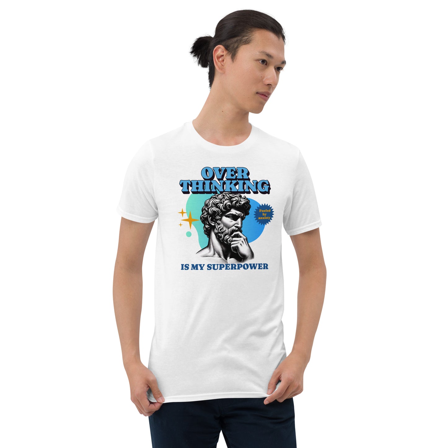 Person wearing a white t-shirt with a graphic design and text on a white background: Funny Overthinking Shirt, Anxiety Tee For Autistic, Autism Awareness T-Shirt, Sarcastic Gift For Overthinker, Neurodiverse Tee Neurospicy