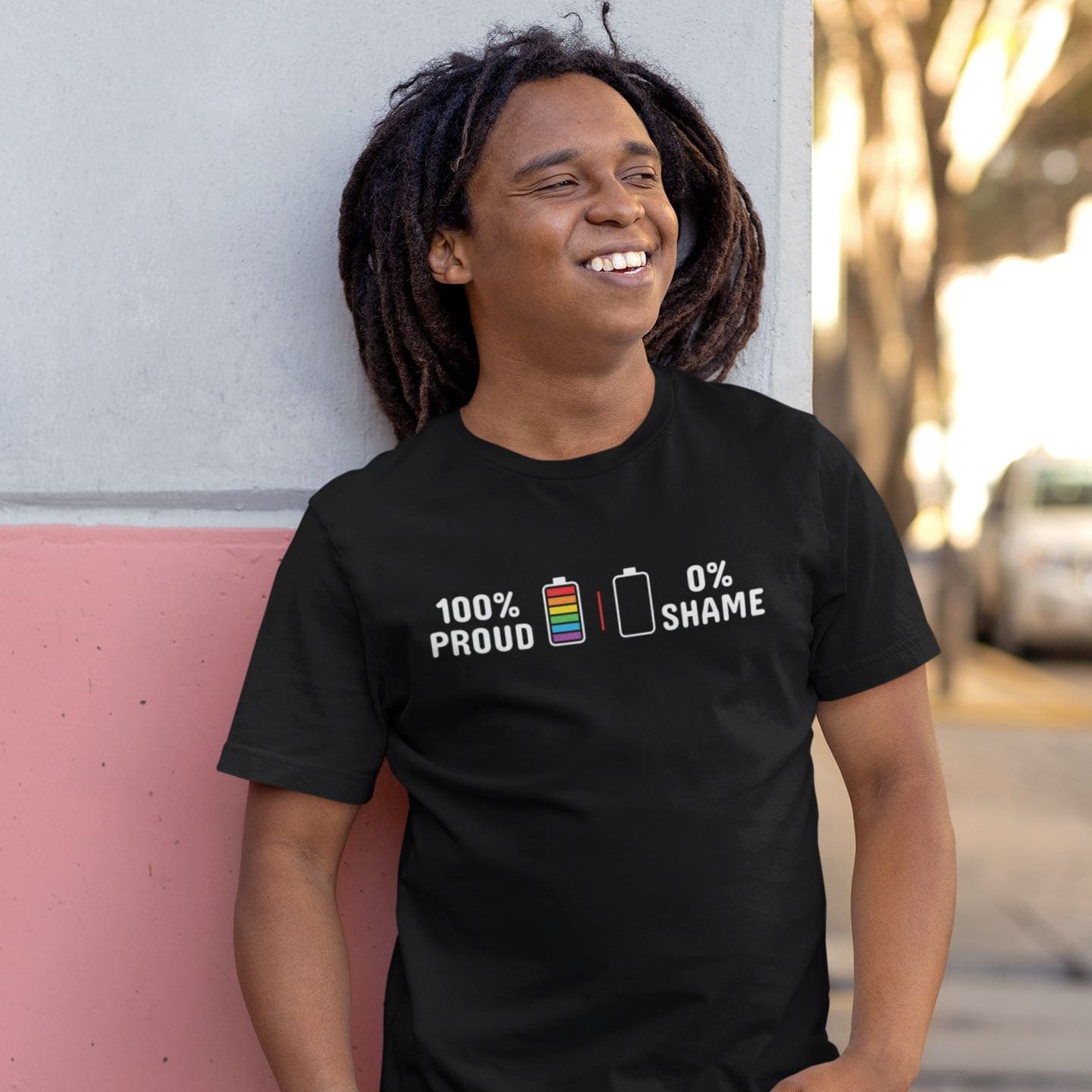 LGBTQ shirt, 100% proud rainbow pride tee, in use