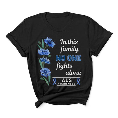 Black t-shirt with ALS awareness design featuring blue flowers and text on a white background