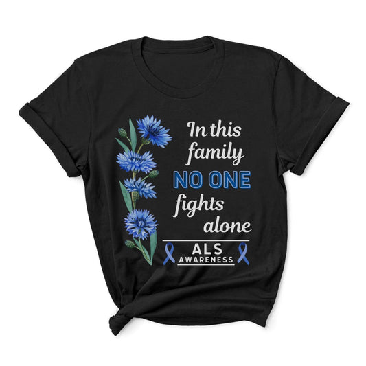 Black t-shirt with ALS awareness design featuring blue flowers and text on a white background
