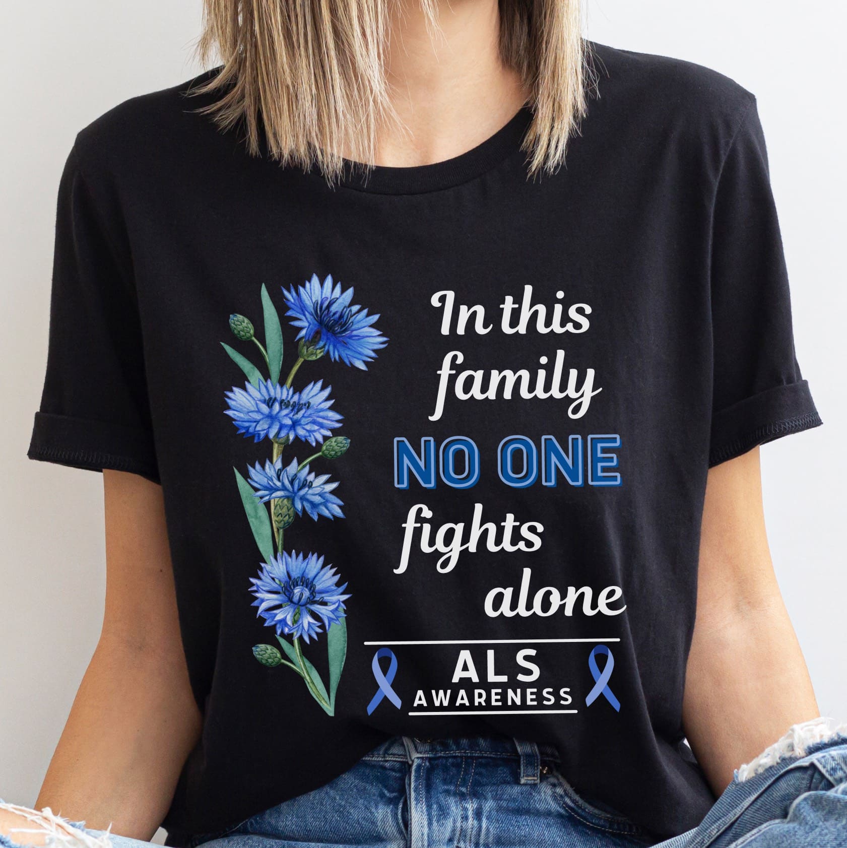 Black t-shirt with ALS awareness design featuring blue flowers and text.