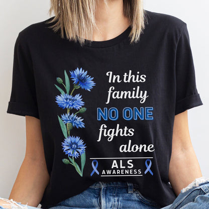 Black t-shirt with ALS awareness design featuring blue flowers and text.