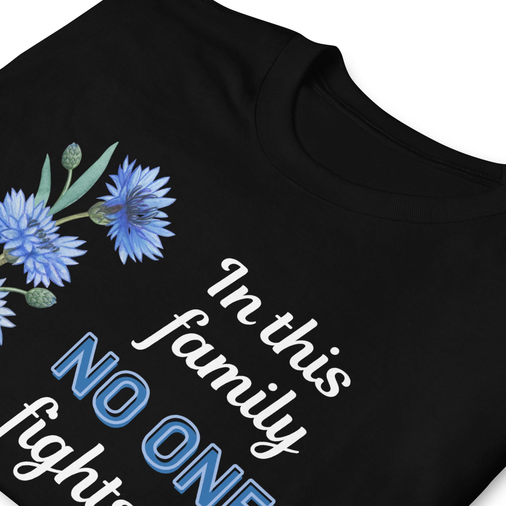 Black t-shirt with blue floral design and text on a white background