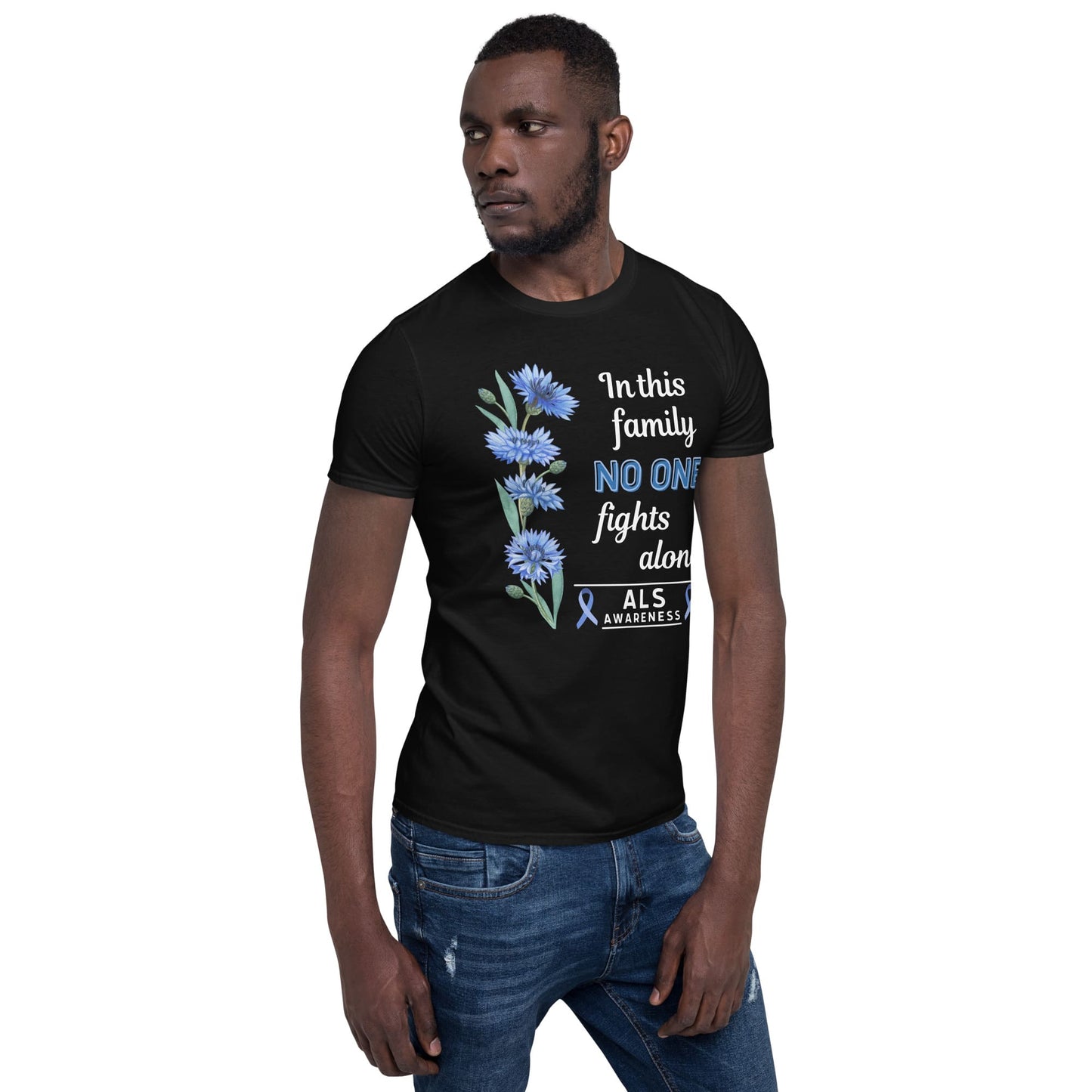 Man wearing a black t-shirt with ALS awareness design on a white background