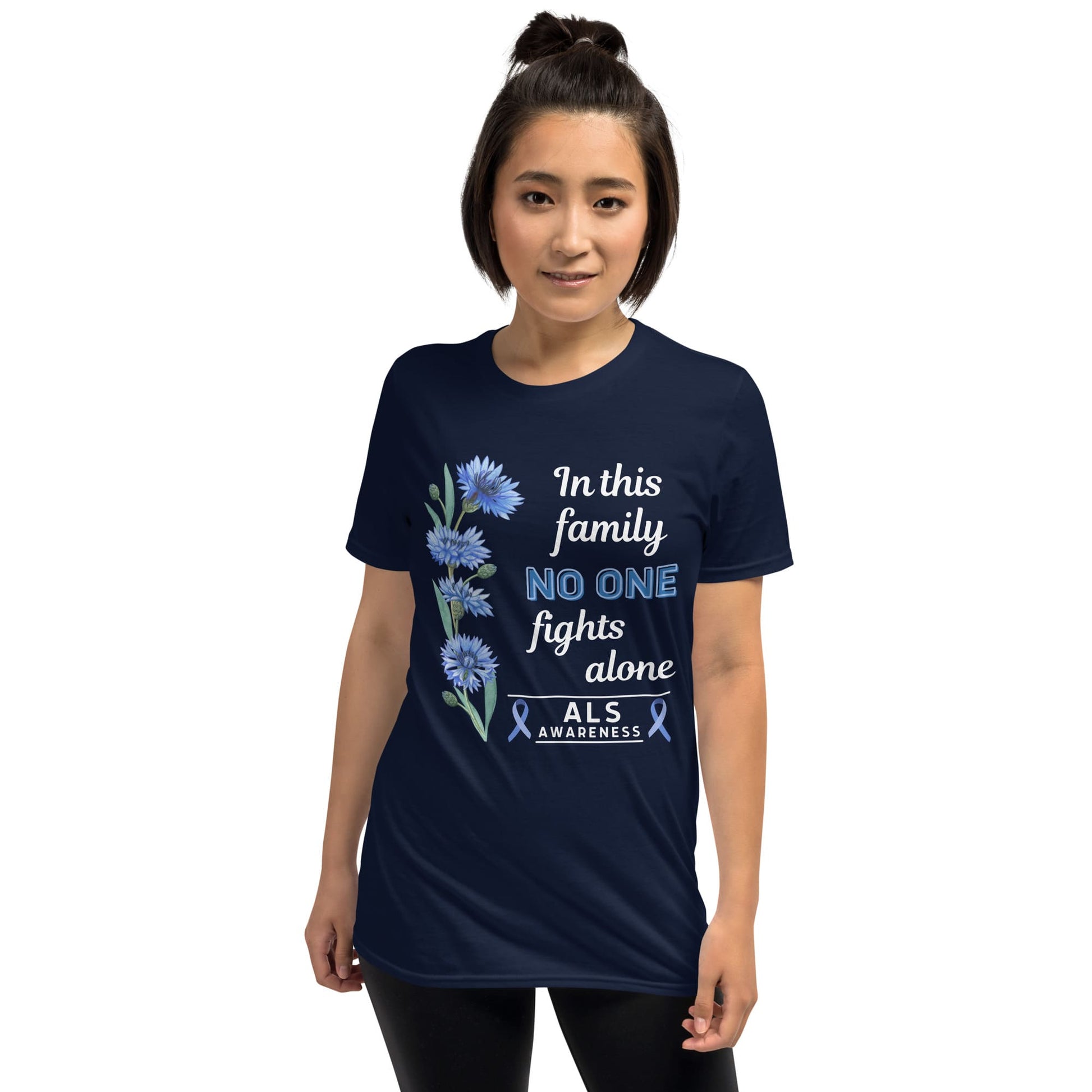 Person wearing a navy blue t-shirt with ALS awareness design