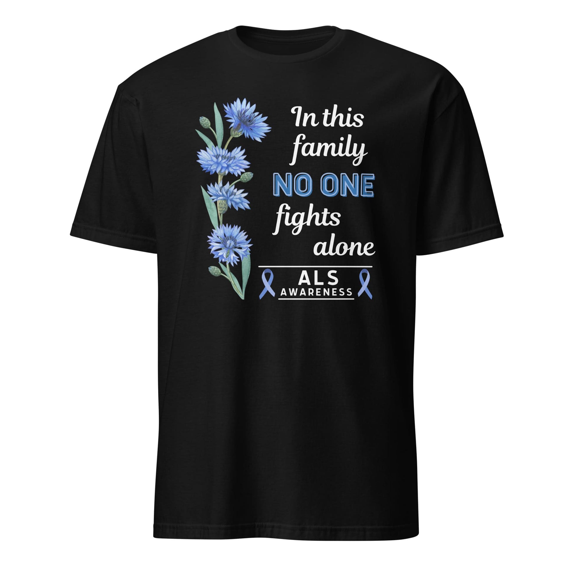 Black t-shirt with ALS awareness design featuring blue flowers and text on a white background