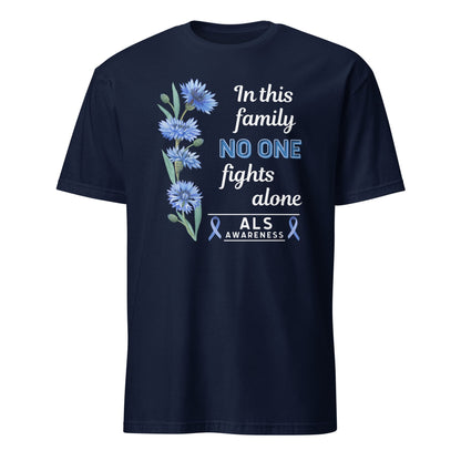 Navy blue t-shirt with ALS awareness design featuring flowers and text on a white background