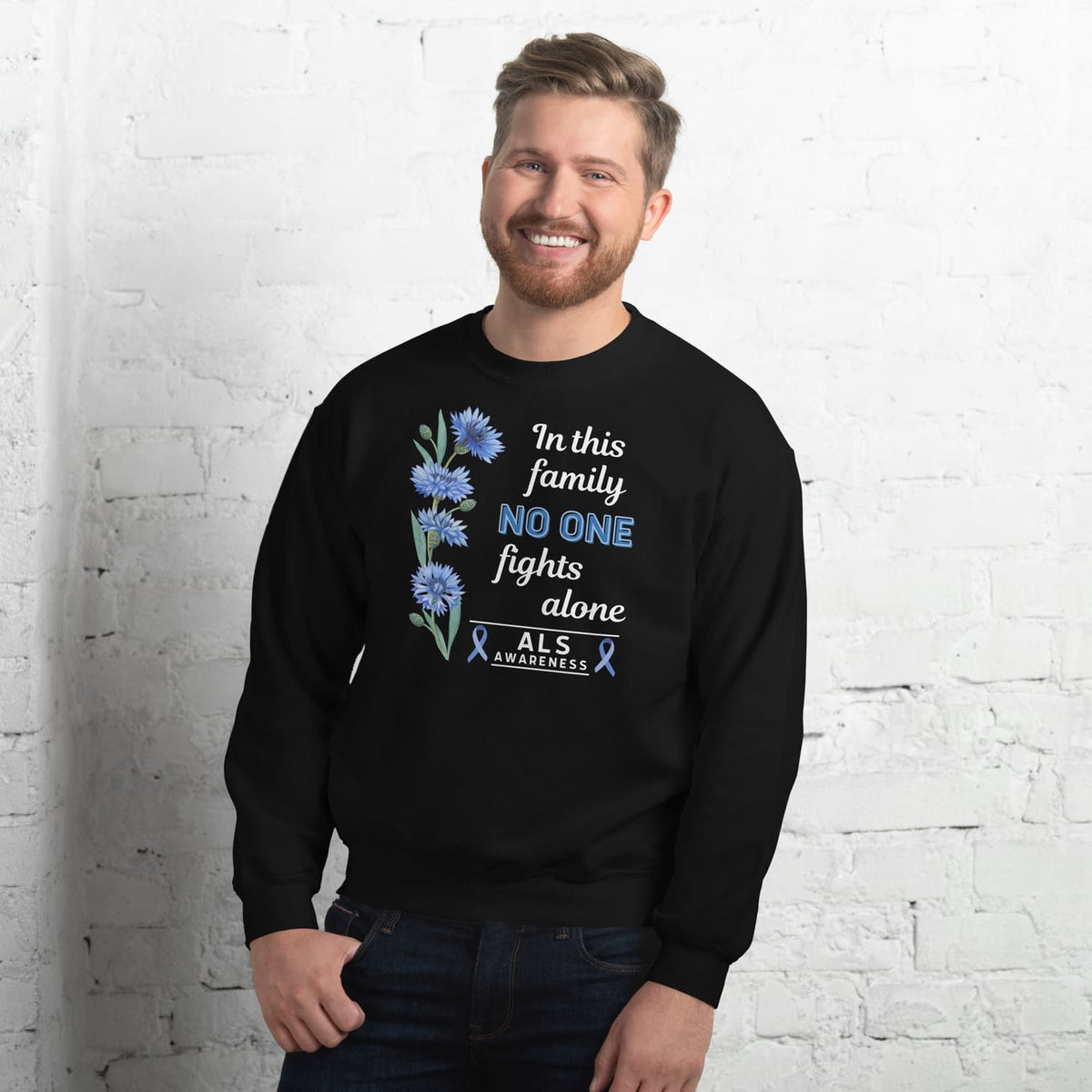 man wearing black ALS awareness sweatshirt