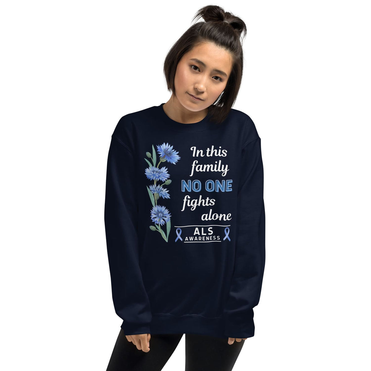 woman wearing navy ALS awareness sweatshirt