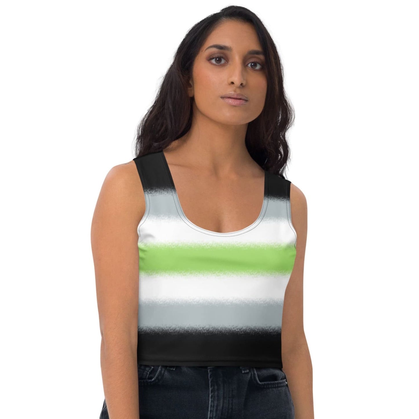 agender crop top, genderless pride tank, model 1 front