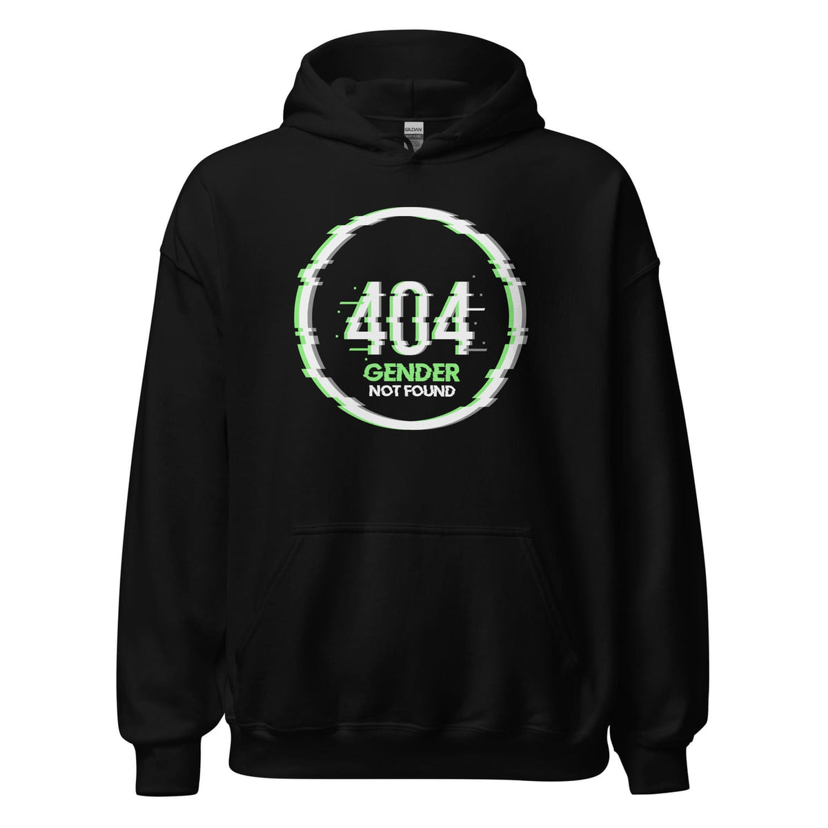Black agender hoodie with white text on a white background