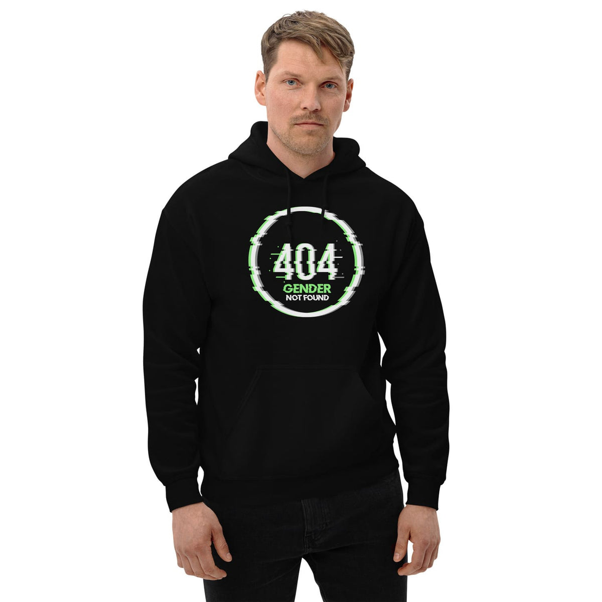 Person wearing a black agender  hoodie with a green and white design on a white background