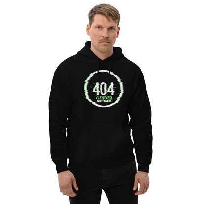 Person wearing a black agender  hoodie with a green and white design on a white background