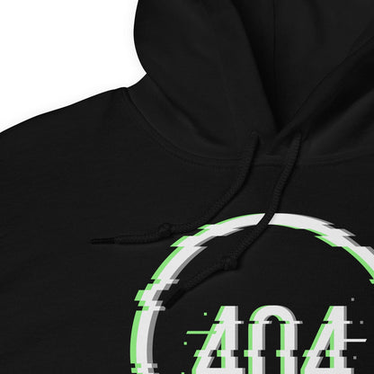 Black agender hoodie with a white and green error graphic on a white background
