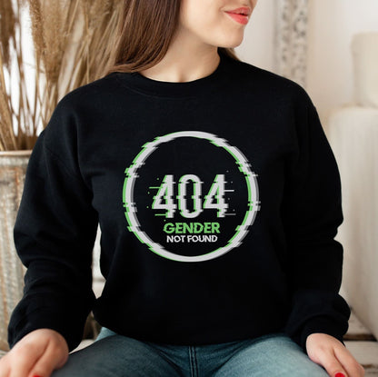 Agender Person wearing a black sweatshirt with '404 Gender Not Found' design.