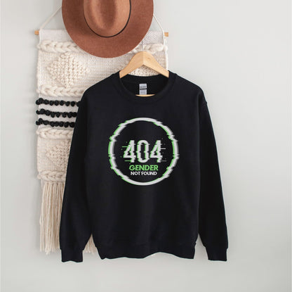 Black agender  sweatshirt with '404 Gender Not Found' graphic on a hanger against a white wall.