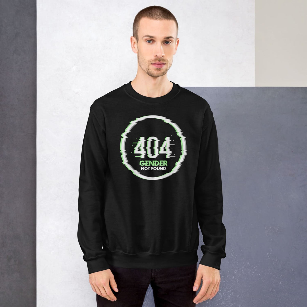 Agender Person wearing a black sweatshirt with a 404 Gender Not Found design.