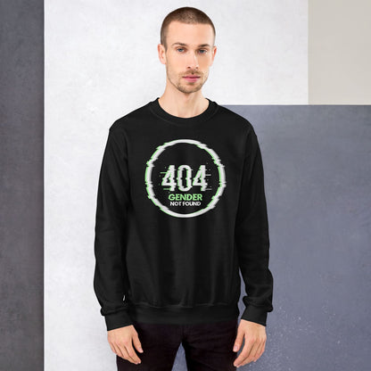 Agender Person wearing a black sweatshirt with a 404 Gender Not Found design.