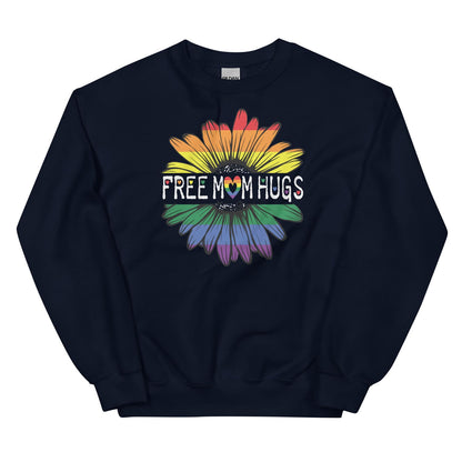 Navy ally pride sweatshirt with a colorful flower graphic and 'Free Mom Hugs' text on a white background