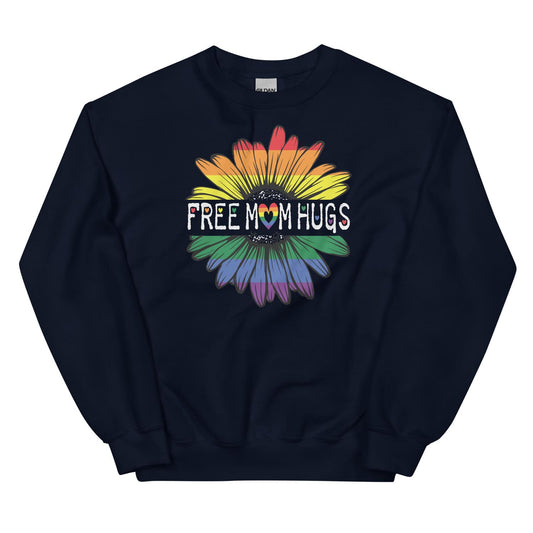Navy ally pride sweatshirt with a colorful flower graphic and 'Free Mom Hugs' text on a white background