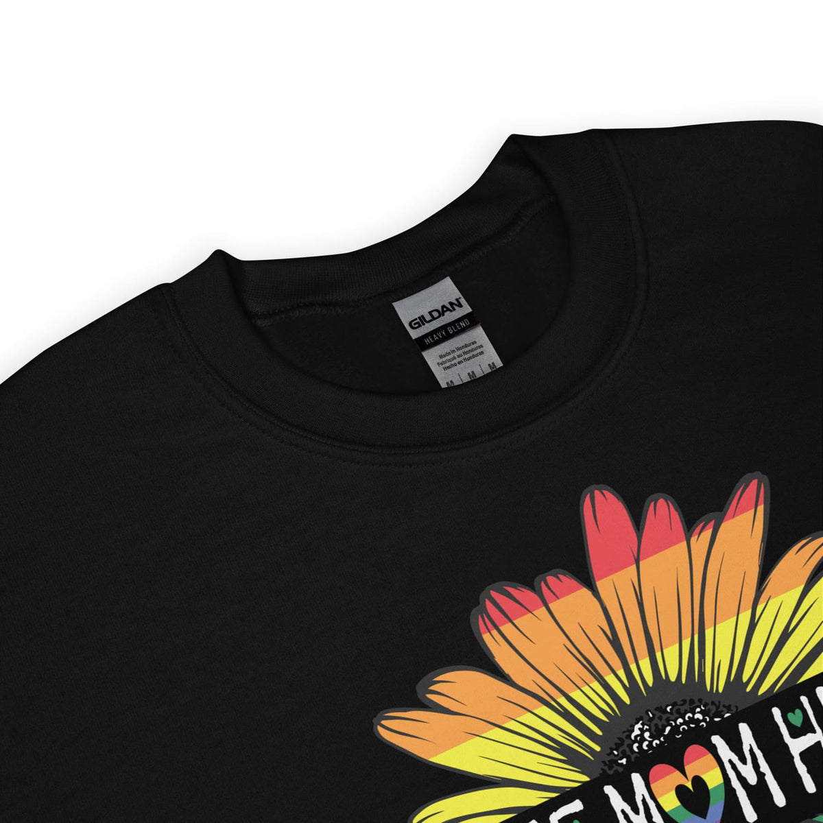 Black ally pride sweatshirt with a colorful sunflower design and 'free Mom hugs' text, featuring Gildan label.