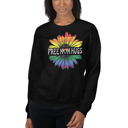 Person wearing a black ally pride sweatshirt with a colorful flower design and text on a white background