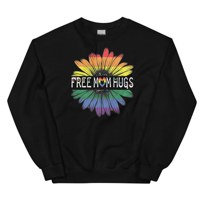 Black ally pride sweatshirt with a colorful flower graphic and 'Free Mom Hugs' text on a white background