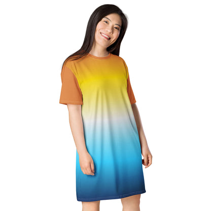 aroace dress, aromantic asexual t shirt dress with angel wings on back, model 2 front