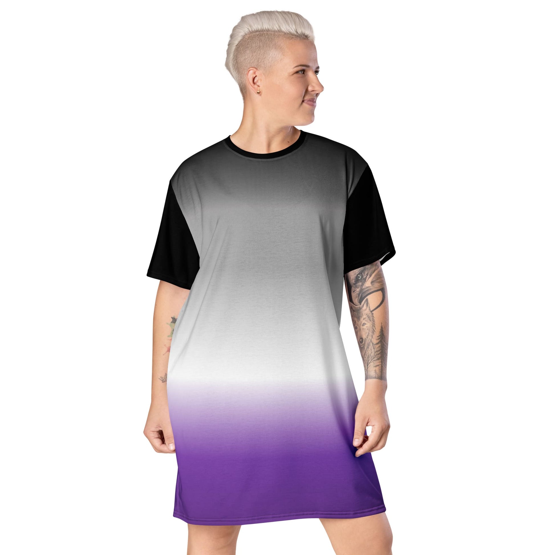 asexual dress, ace pride t shirt dress with angel wings on the back, model front