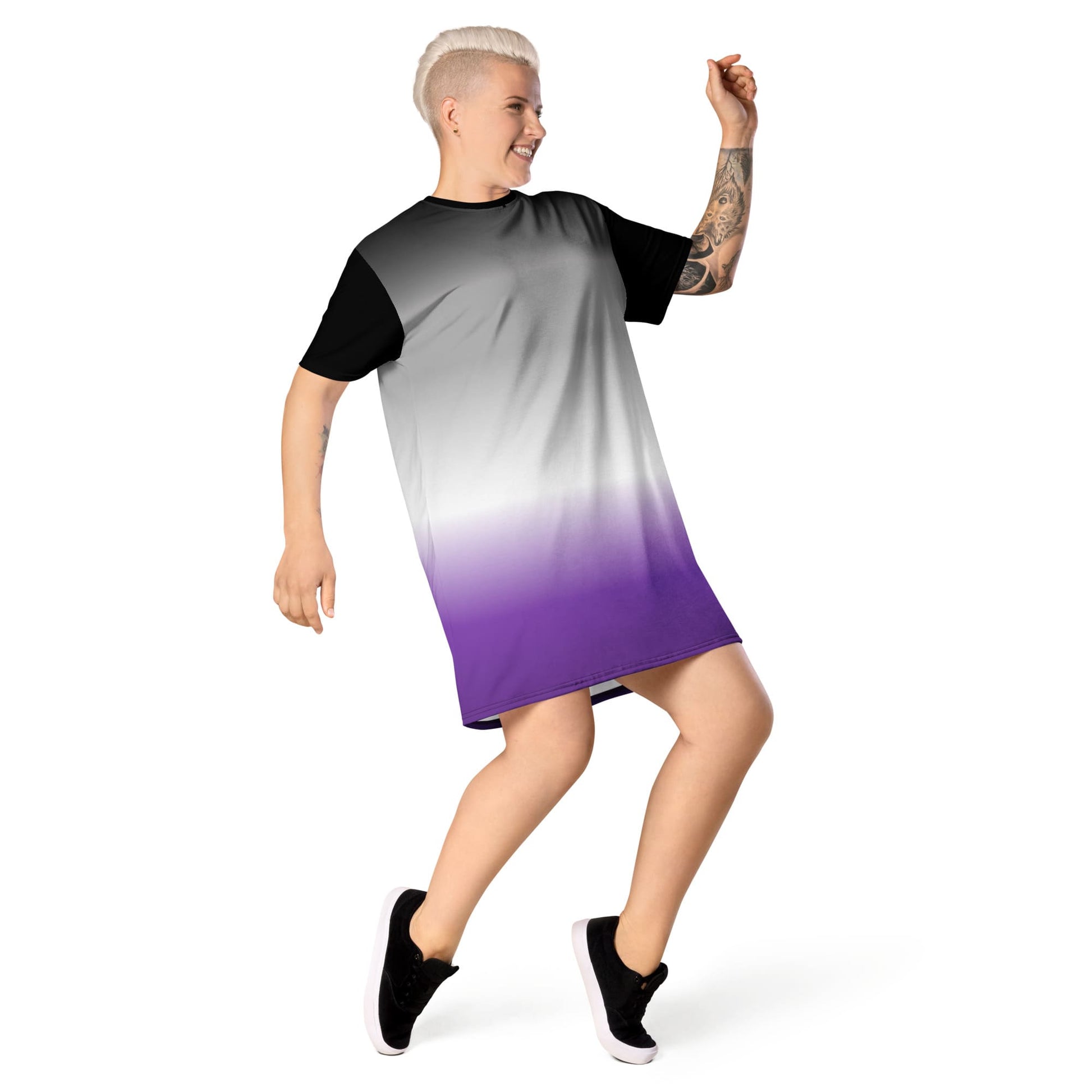 asexual dress, ace pride t shirt dress with angel wings on the back, model side