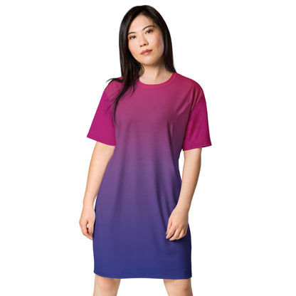 bisexual dress, bi pride t shirt dress with angel wings on the back, model 2 front