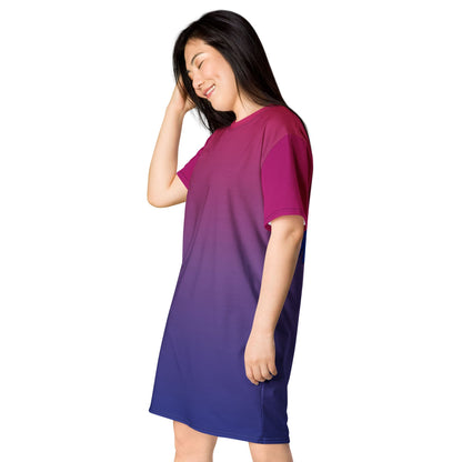 bisexual dress, bi pride t shirt dress with angel wings on the back, model 2 side