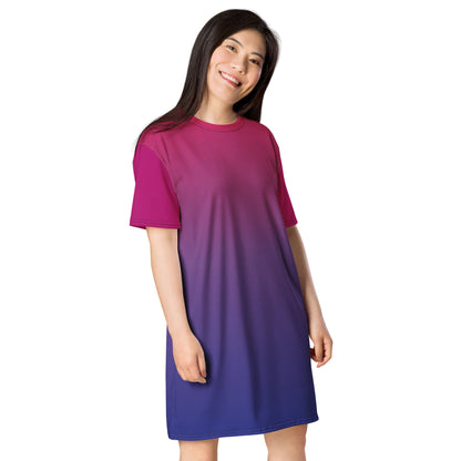 bisexual dress, bi pride t shirt dress with angel wings on the back, model 2 front