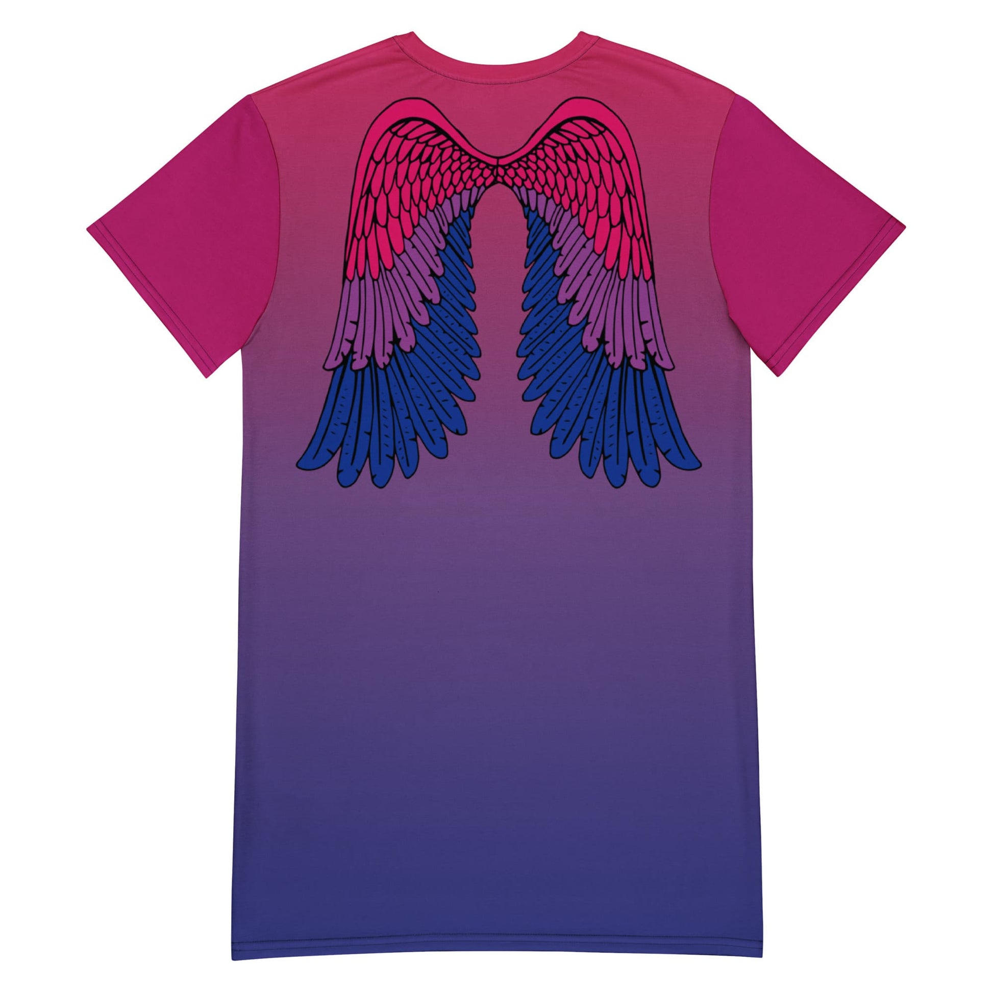 bisexual dress, bi pride t shirt dress with angel wings on the back, flatlay back