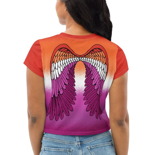 lesbian crop top, sunset flag cropped shirt with wings on back