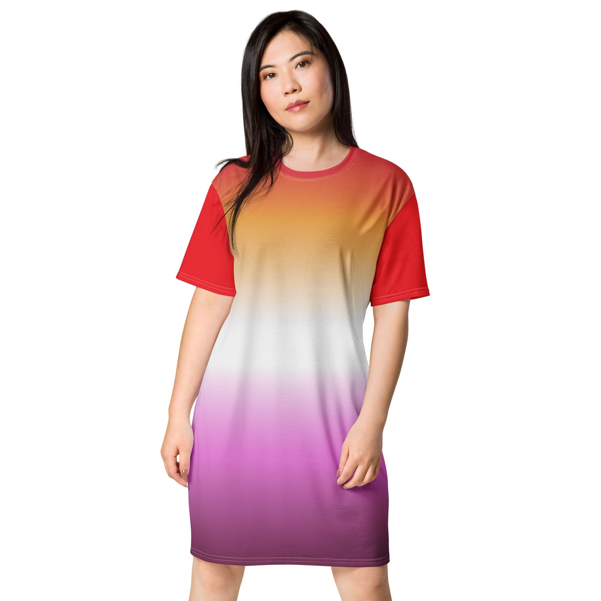 lesbian dress, sunset flag t shirt dress with angel wings on back, model front