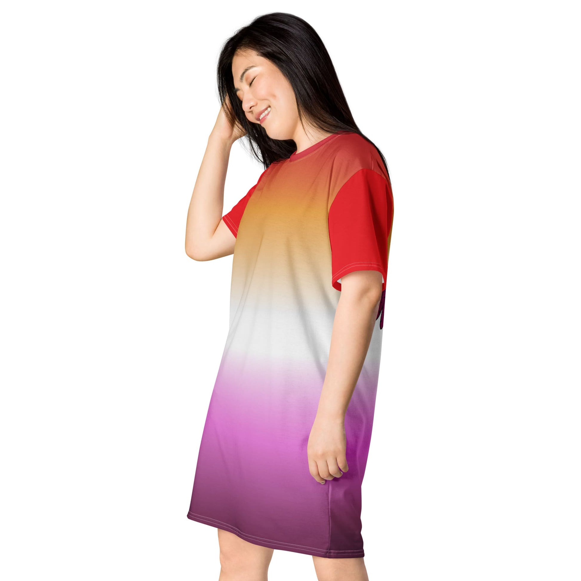 lesbian dress, sunset flag t shirt dress with angel wings on back, model side