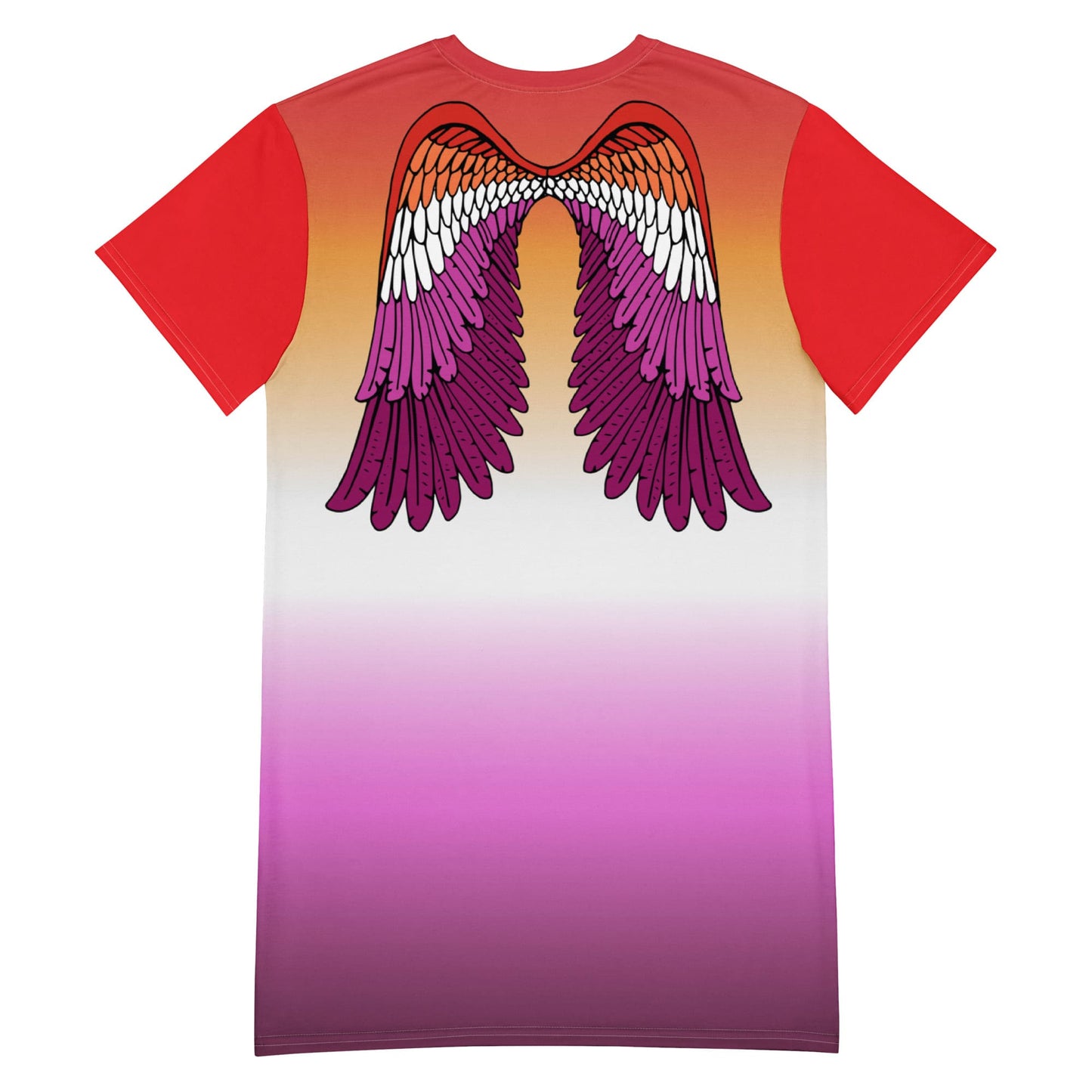 lesbian dress, sunset flag t shirt dress with angel wings on back, flatlay back