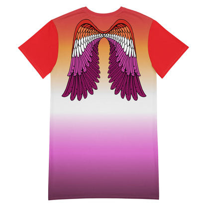 lesbian dress, sunset flag t shirt dress with angel wings on back, flatlay back