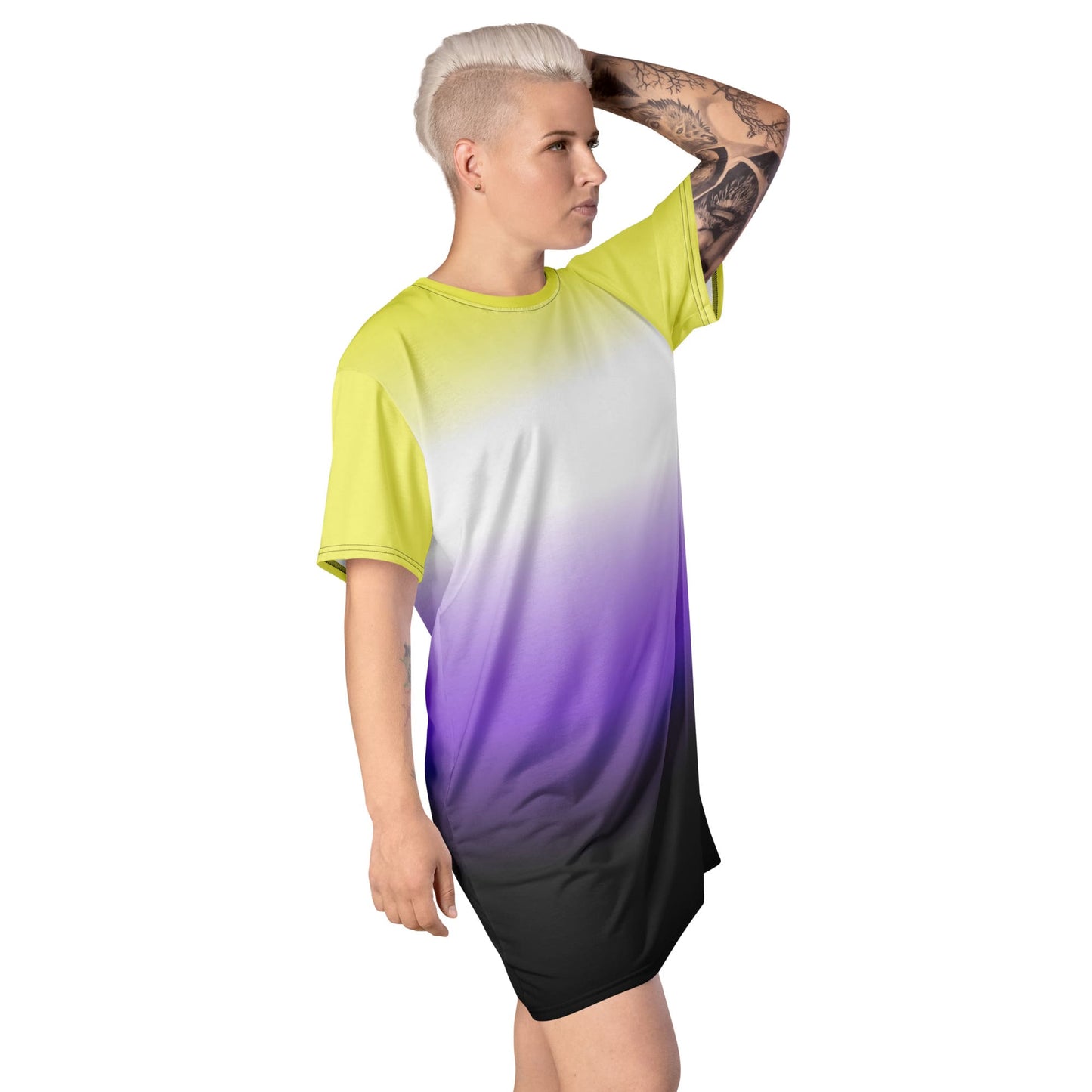 nonbinary dress; enby pride t shirt dress with angel wings on back, model right