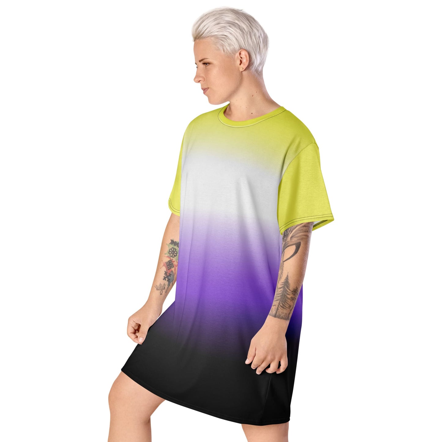 nonbinary dress; enby pride t shirt dress with angel wings on back,  model left