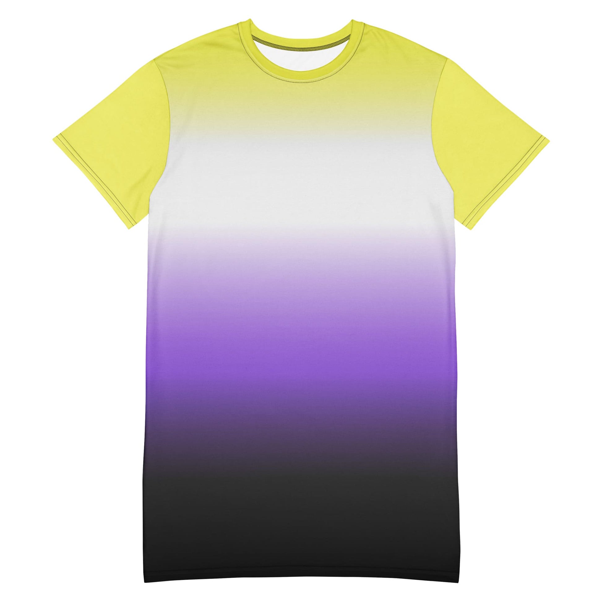 nonbinary dress; enby pride t shirt dress with angel wings on back, flatlay front