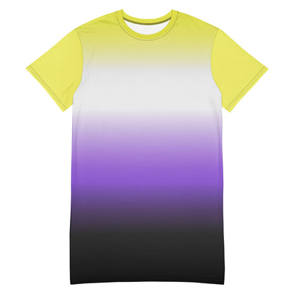 nonbinary dress; enby pride t shirt dress with angel wings on back, flatlay front