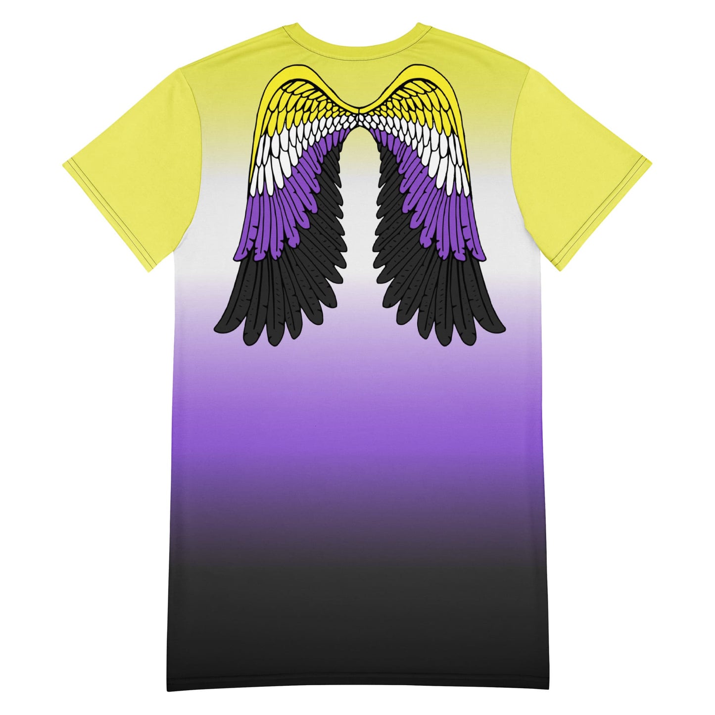 nonbinary dress; enby pride t shirt dress with angel wings on back, flatlay back