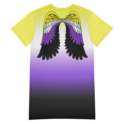 nonbinary dress; enby pride t shirt dress with angel wings on back, flatlay back