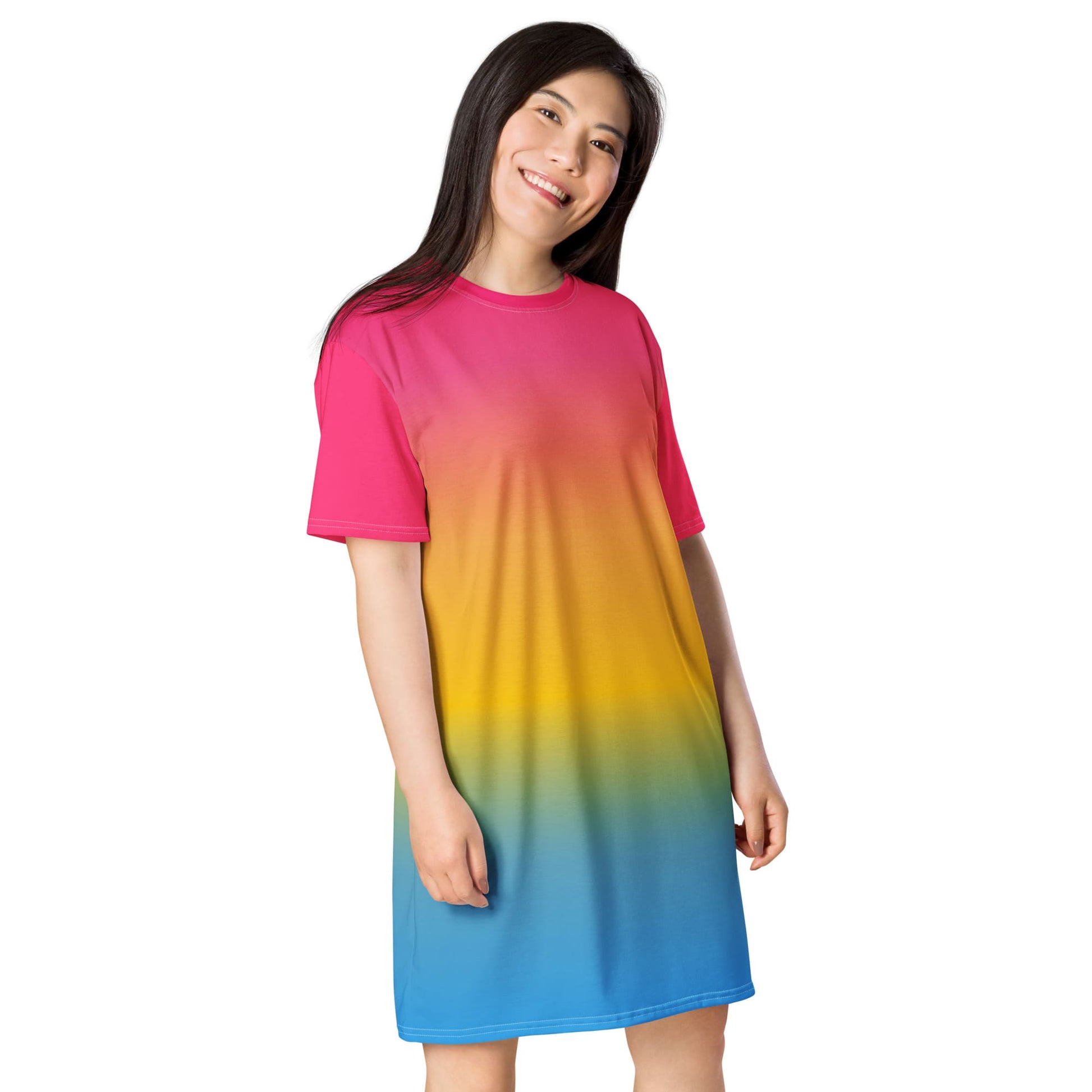 pansexual dress, pan pride t shirt dress with angel wings on back, model front