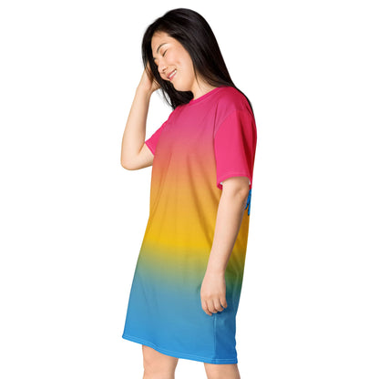 pansexual dress, pan pride t shirt dress with angel wings on back, model side