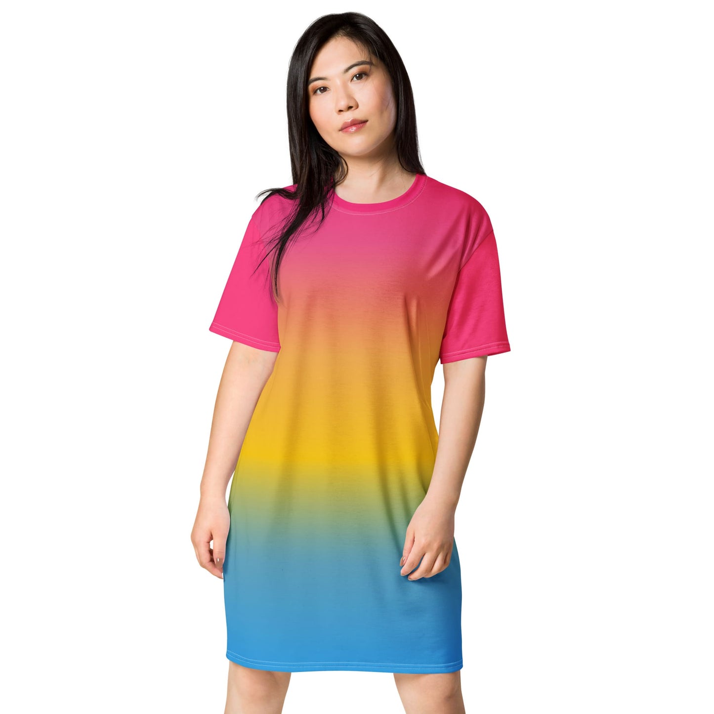 pansexual dress, pan pride t shirt dress with angel wings on back, model front