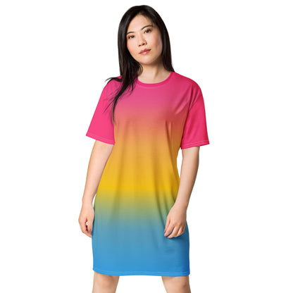 pansexual dress, pan pride t shirt dress with angel wings on back, model front