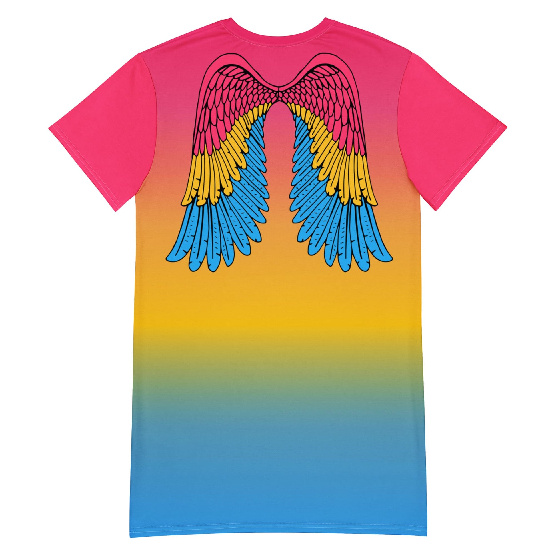 pansexual dress, pan pride t shirt dress with angel wings on back, flatlay back